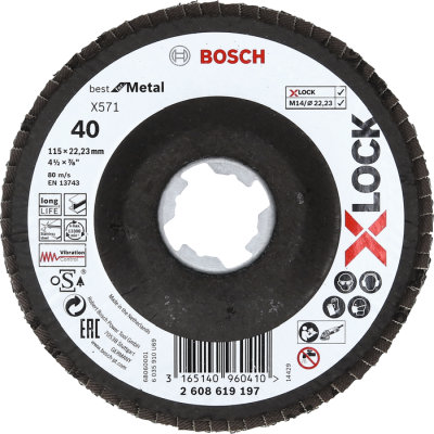 Vejrovit kot X571 Bosch X-LOCK Best for Metal, fibrov doska, prelis, 115 mm, P 40