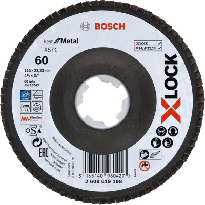 Vejrovit kot X571 Bosch X-LOCK Best for Metal, fibrov doska, prelis, 115 mm, P 60