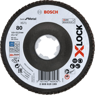 Vejrovit kot X571 Bosch X-LOCK Best for Metal, fibrov doska, prelis, 115 mm, P 80