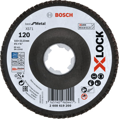 Vejrovit kot X571 Bosch X-LOCK Best for Metal, fibrov doska, prelis, 115 mm, P 120