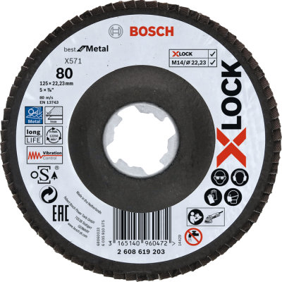 Vejrovit kot X571 Bosch X-LOCK Best for Metal, fibrov doska, prelis, 125 mm, P 80
