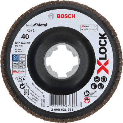 Vejrovit kot X571 Bosch X-LOCK Best for Metal, plastov doska, prelis, 115 mm, P 40