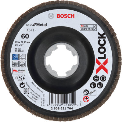Vejrovit kot X571 Bosch X-LOCK Best for Metal, plastov doska, prelis, 115 mm, P 60