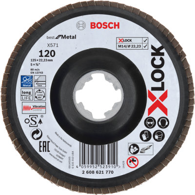 Vejrovit kot X571 Bosch X-LOCK Best for Metal, plastov doska, prelis, 125 mm, P 120